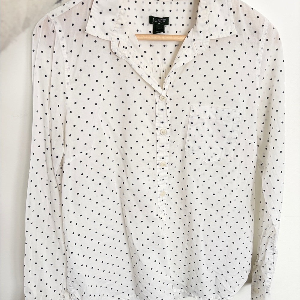 J. Crew White Long-Sleeve Polka Dot Button Pullover